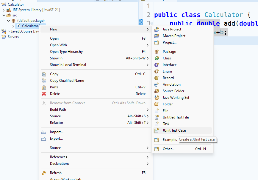 creazione di un JUnit Test Case nel software Eclipse
